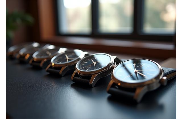 A finely curated collection of men's watches displayed on a sophisticated desk in a modern workspace